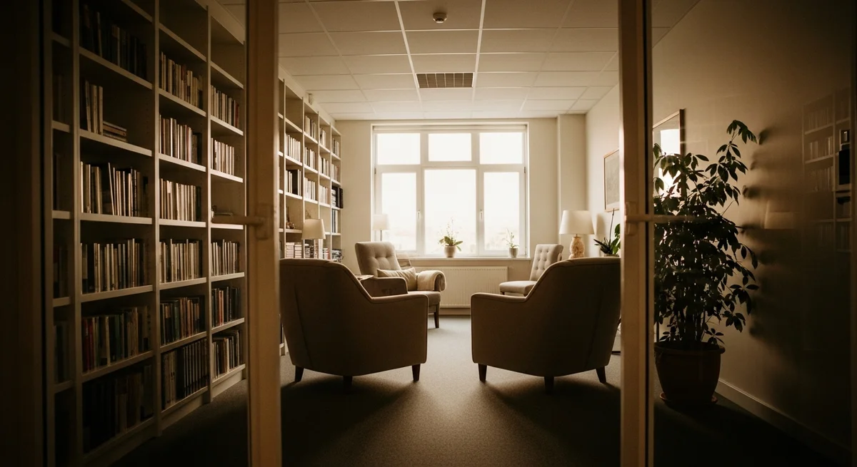 Gabinet psychoterapeutyczny z fotelami i naturalnym światłem do leczenia nerwicy