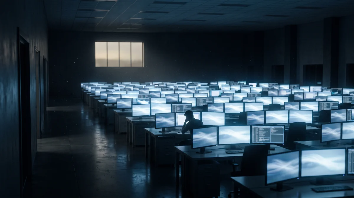 Ciemne biuro nocą z rzędami świecących monitorów i samotną sylwetką – lęk przed AI