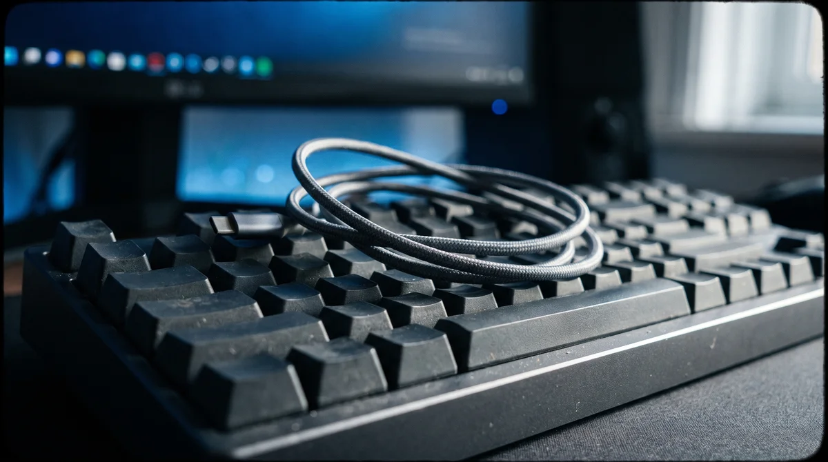 Zbliżenie na klawiaturę ze splecionym kablem USB w niebieskim świetle ekranu