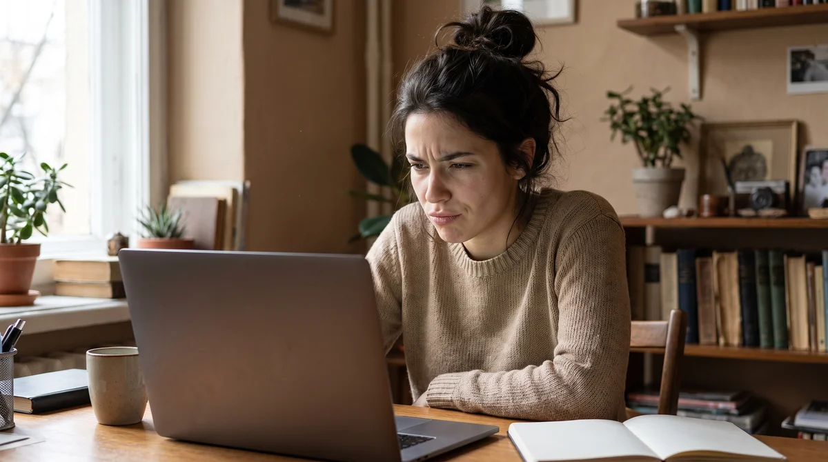 Młoda kobieta z napięciem i ciekawością patrzy na ekran laptopa, lęk przed sztuczną inteligencją