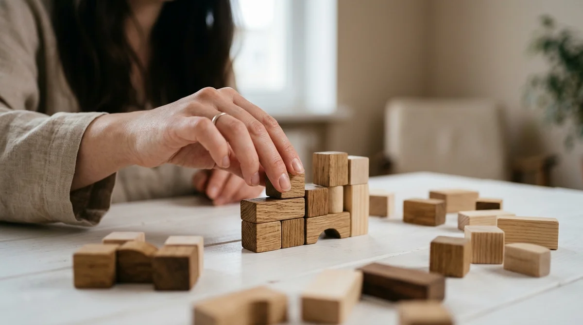 Leworęczna kobieta układa drewniane puzzle