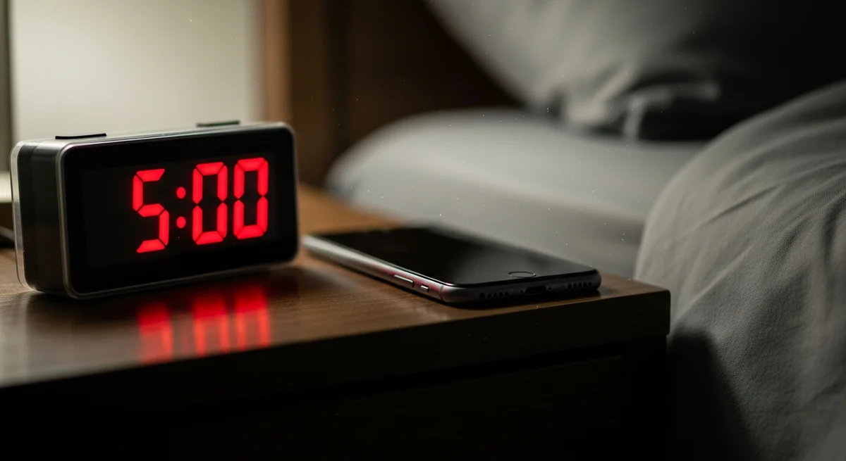 Budzik cyfrowy pokazujący 5:00 na szafce nocnej - wczesna pobudka