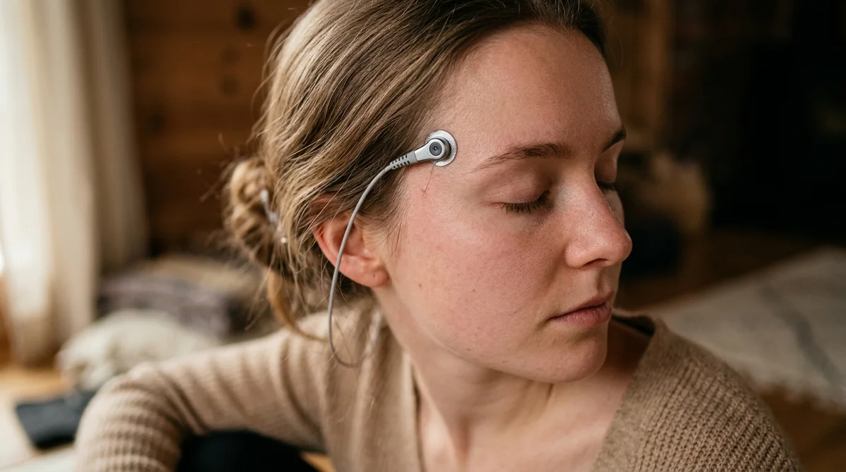 Elektroda EEG na skroni kobiety podczas badania medytacji