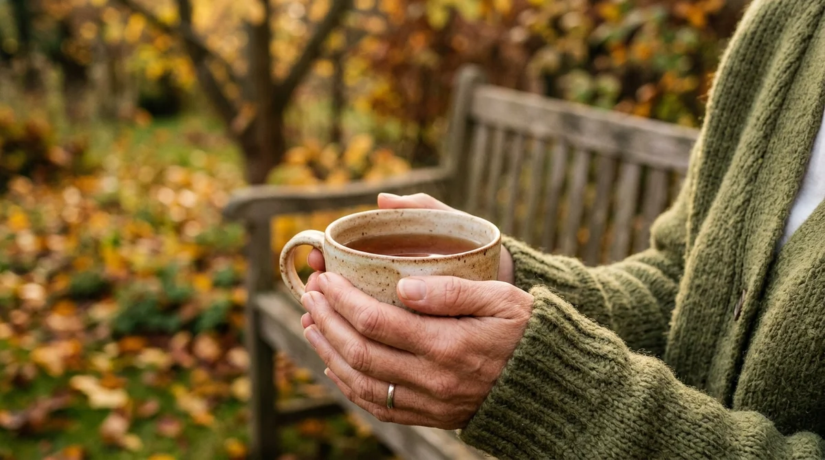 Dłonie trzymające kubek herbaty w jesiennym ogrodzie - praktyka mindfulness w codziennym życiu