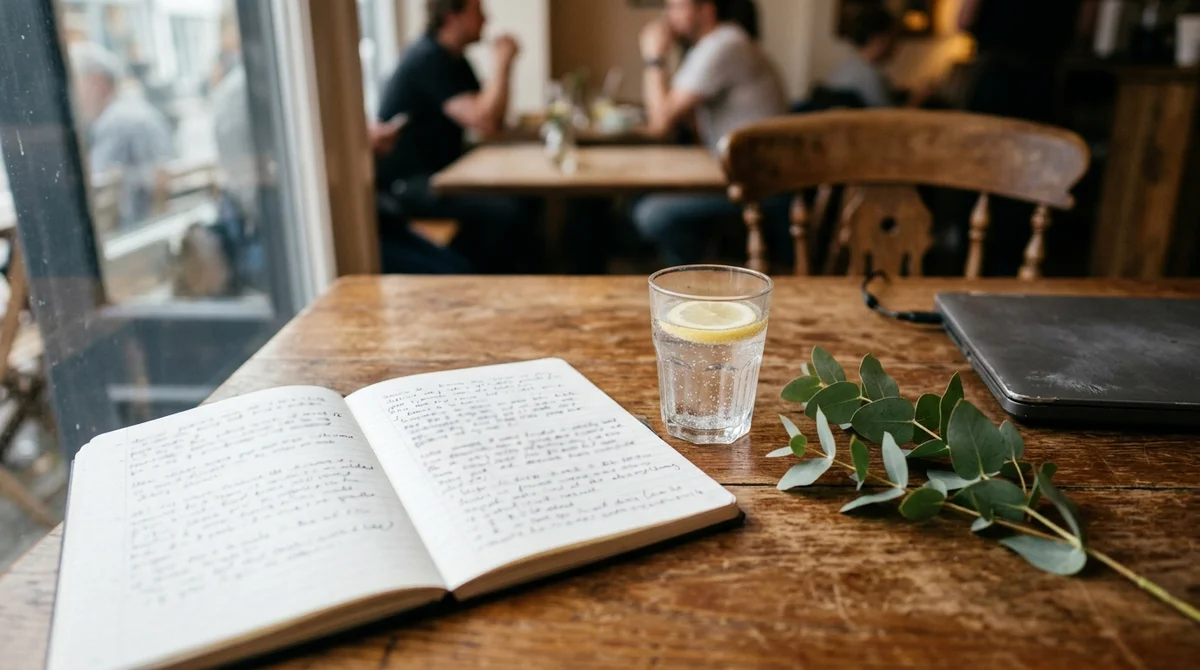 Drewniany stolik w kawiarni z notatnikiem i szklanką wody - mindfulness w codziennym życiu