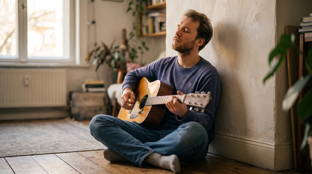 Mężczyzna z gitarą na podłodze pochłonięty grą, motywacja wewnętrzna w działaniu