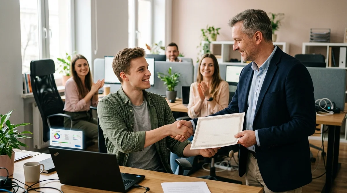 Manager gratuluje pracownikowi wręczając certyfikat uznania w obecności zespołu