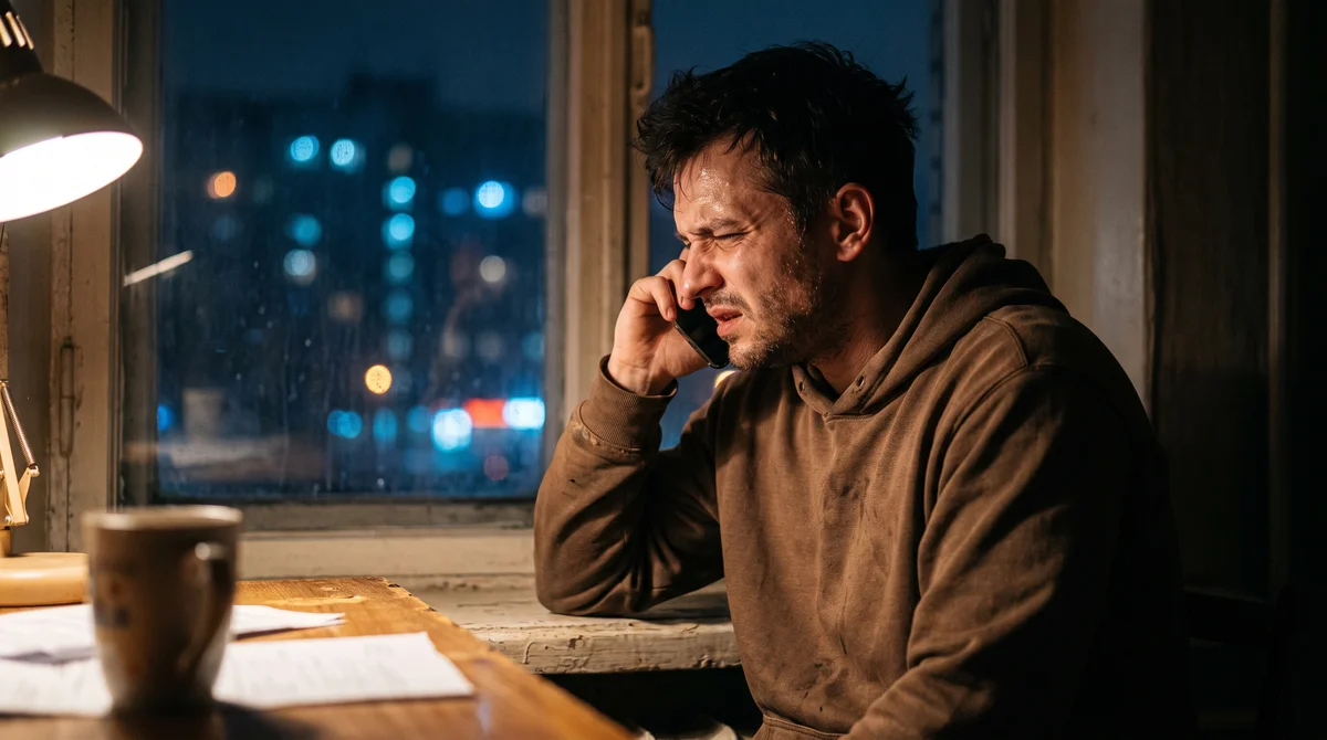 Młody mężczyzna rozmawiający przez telefon przy oknie, szukanie pomocy w kryzysie psychicznym