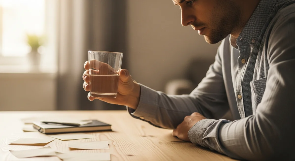 Mężczyzna z wodą przy stole — codzienność podczas leczenia uzależnienia od alkoholu naltreksonem