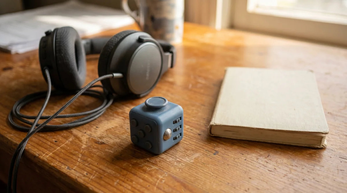 Fidget cube i słuchawki na biurku, przedmioty wspierające koncentrację przy neuroatypowości