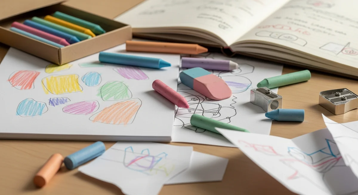 Rozrzucone przybory szkolne na biurku dziecka z ADHD