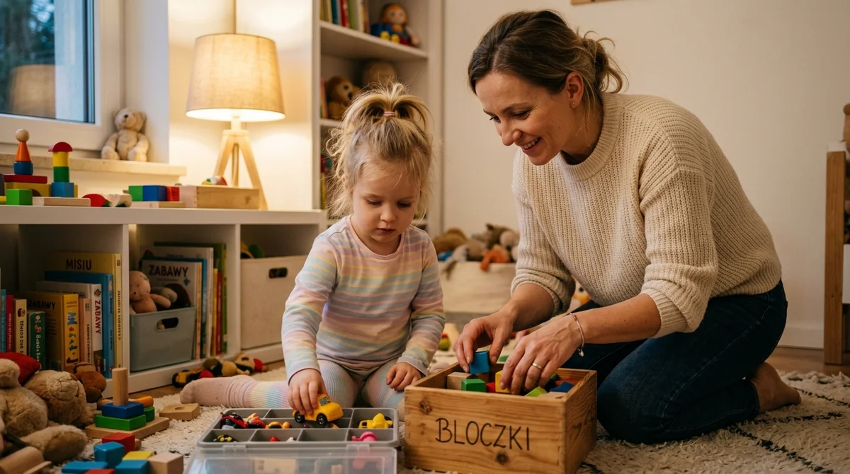 Matka pomagająca dziecku z ADHD w organizacji zabawek i nauce porządku