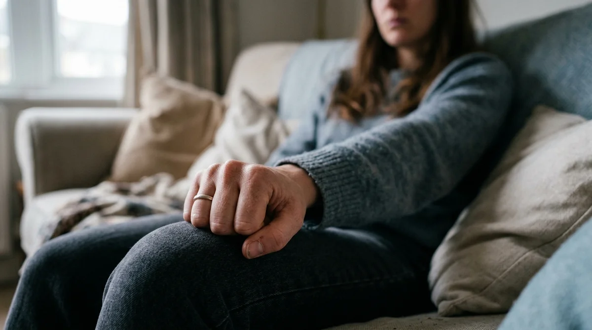 Zaciskowo napięta dłoń osoby siedzącej na sofie, OCD i wewnętrzna kontrola w codziennym momencie