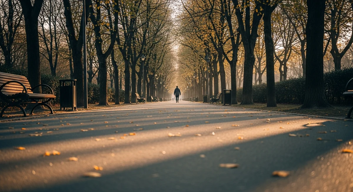 Ścieżka parkowa z idącą postacią symbolizująca długotrwałe leczenie schizofrenii opornej na terapię
