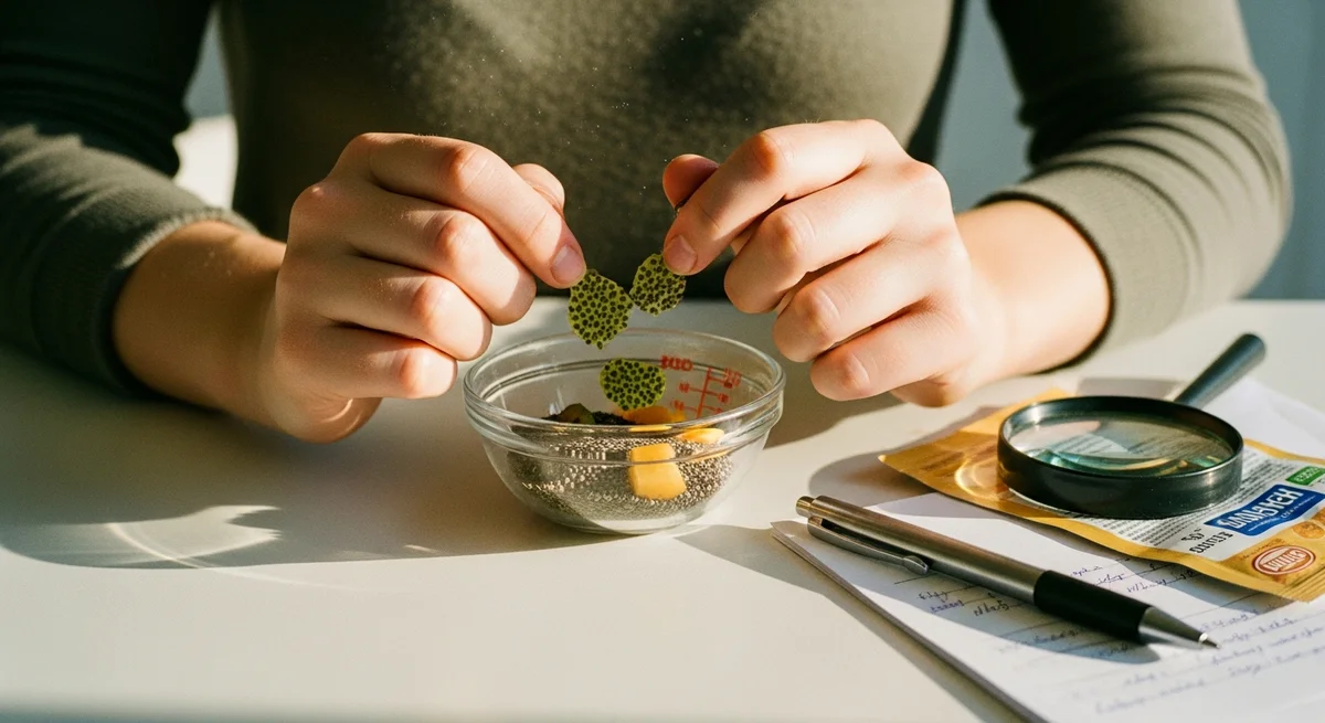 Dłonie trzymające miseczkę z odmierzoną żywnością i lupa nad etykietą produktu, ortoreksja