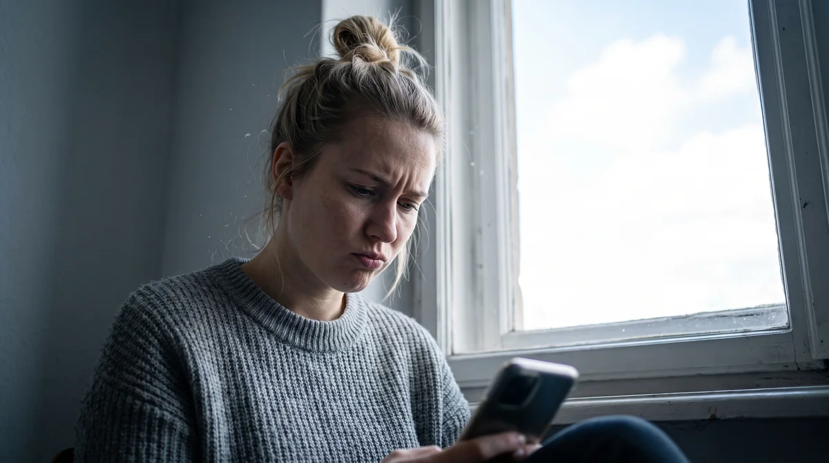 Kobieta przy oknie wpatrzona w telefon czeka, zaburzenie osobowości zależnej