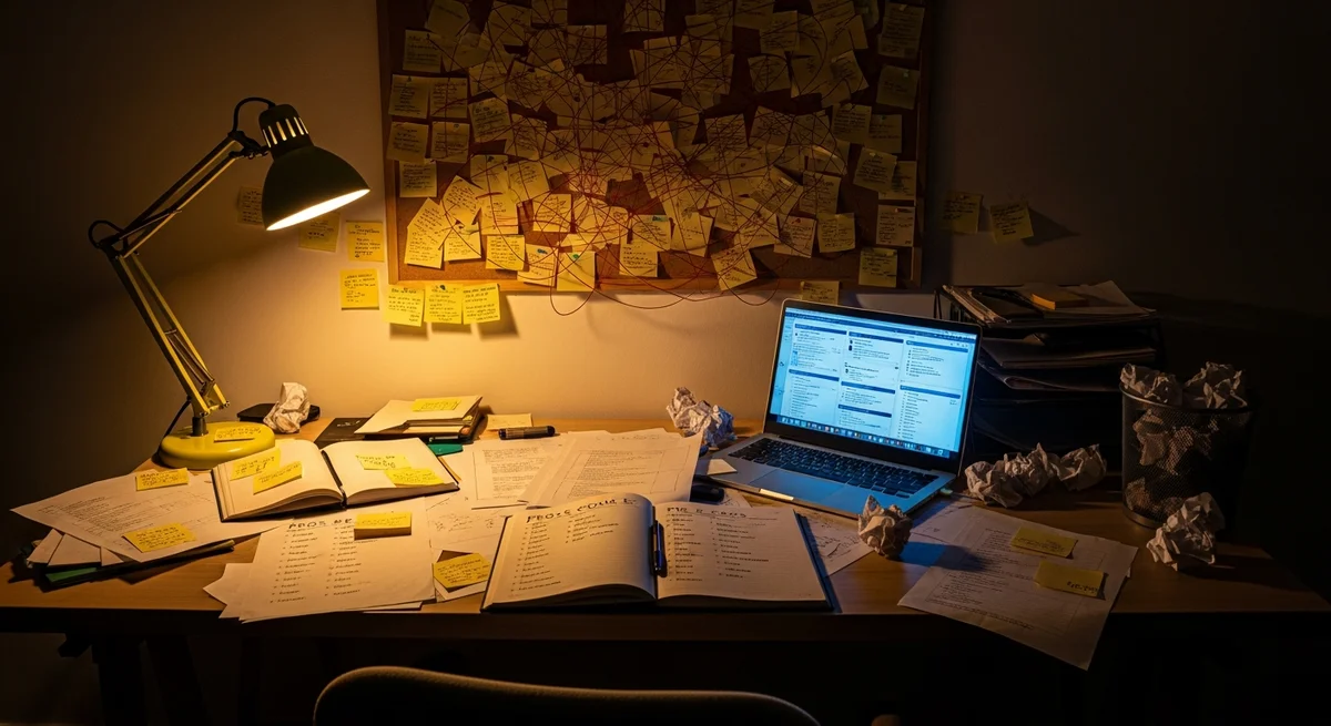 Zagracone biurko z notatkami i otwartymi kartami na laptopie - overthinking i nadmierne myślenie