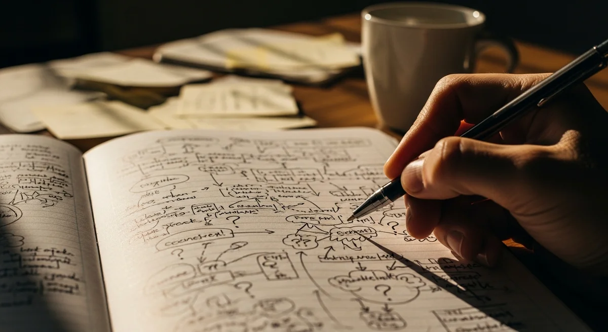 Dłoń z długopisem nad notatnikiem pełnym list i diagramów - paraliż analityczny