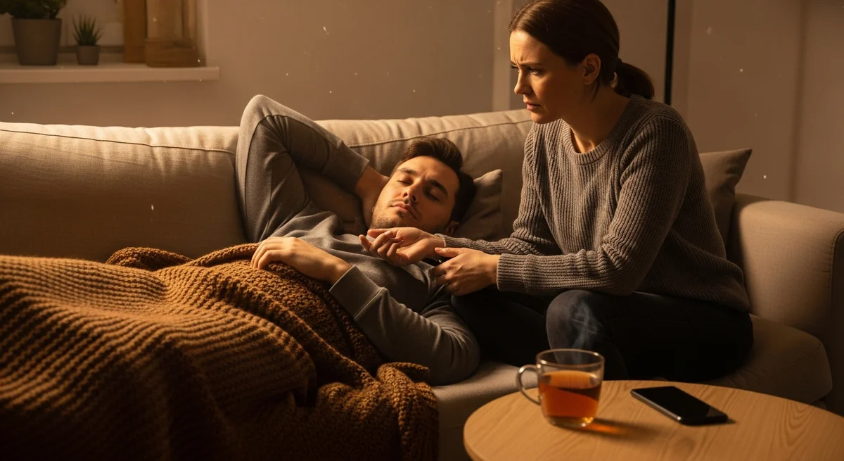 Para w salonie gdzie partnerka wspiera mężczyznę z objawami depresyjnymi - szukanie pomocy