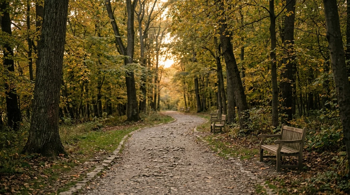 Ścieżka parkowa w złotym świetle zachodu