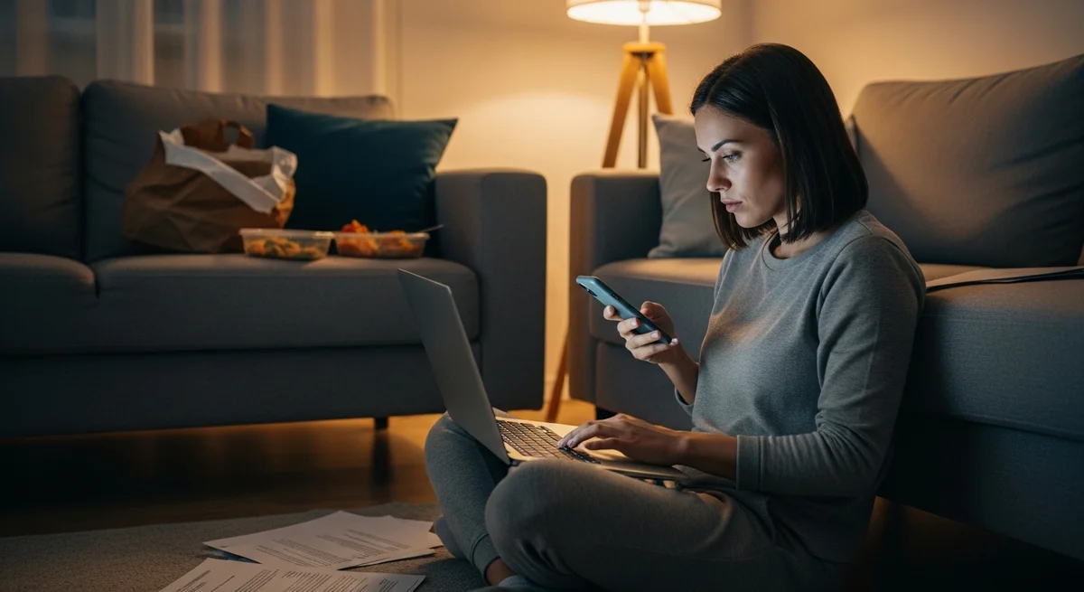 Kobieta pracująca na laptopie na podłodze salonu wieczorem, uzależnienie od pracy objawy