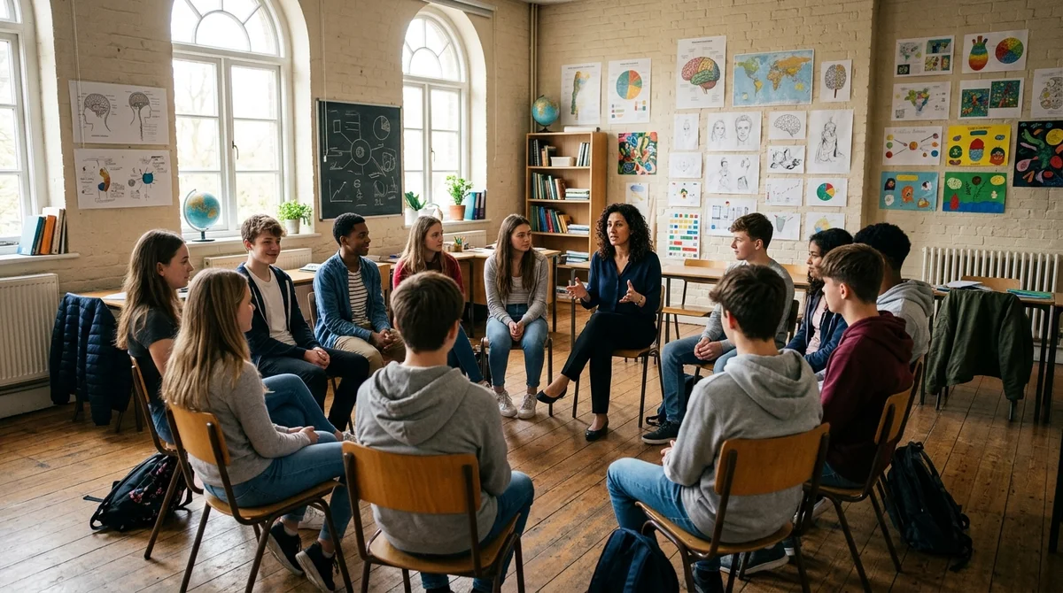 Klasa szkolna — nastolatki w kręgu na warsztatach