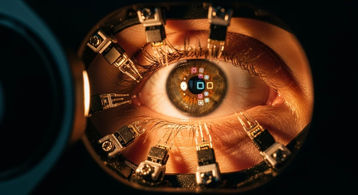 Zbliżenie na oko z urządzeniem eye-tracking podczas badania przekazów podprogowych