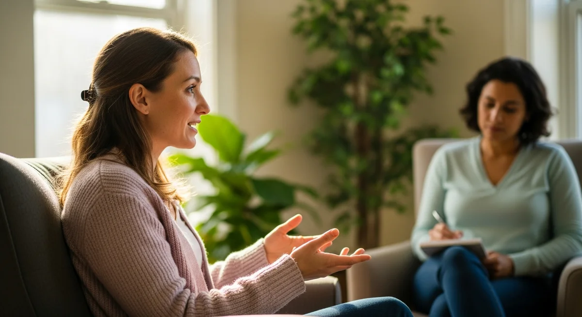 Kobieta podczas sesji terapeutycznej w gabinecie psychologa - rozmowa z psychologiem
