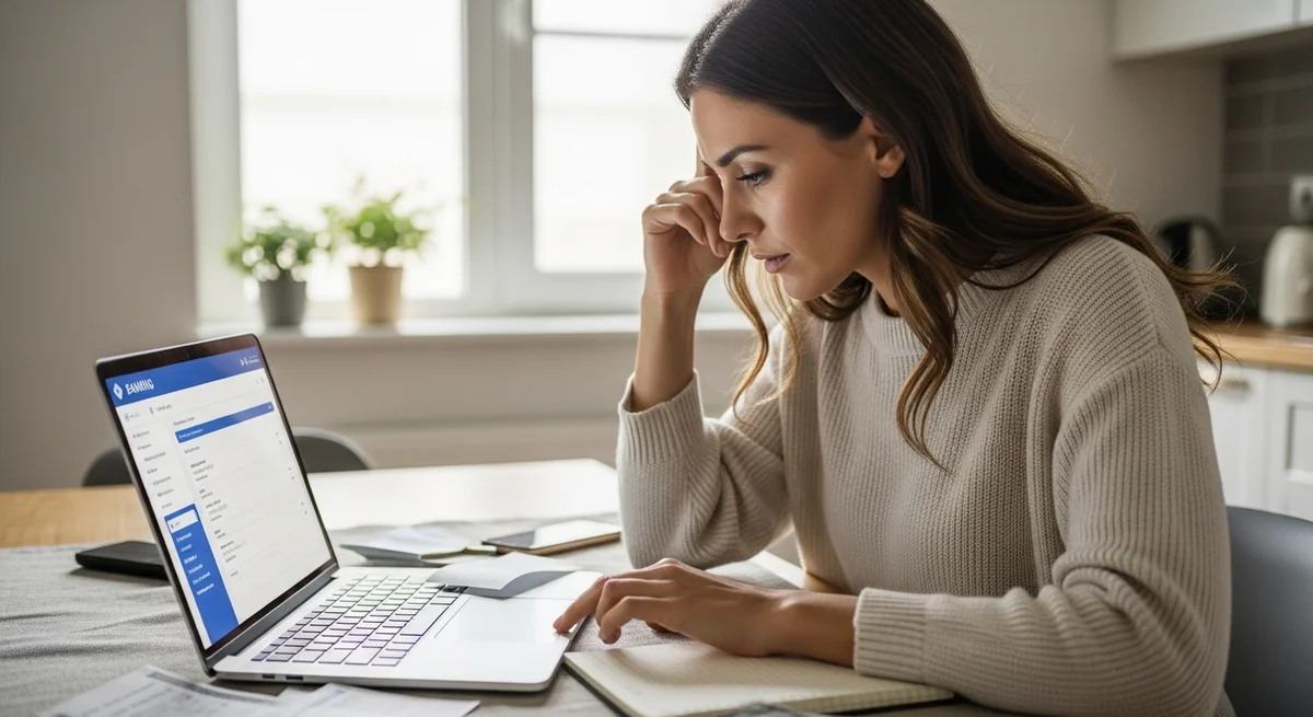 Kobieta analizująca finanse na laptopie przy kuchennym stole - emocje i pieniądze