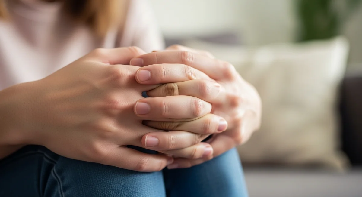 Splecione drżące dłonie kobiety na kolanach - objawy PTSD i napięcie