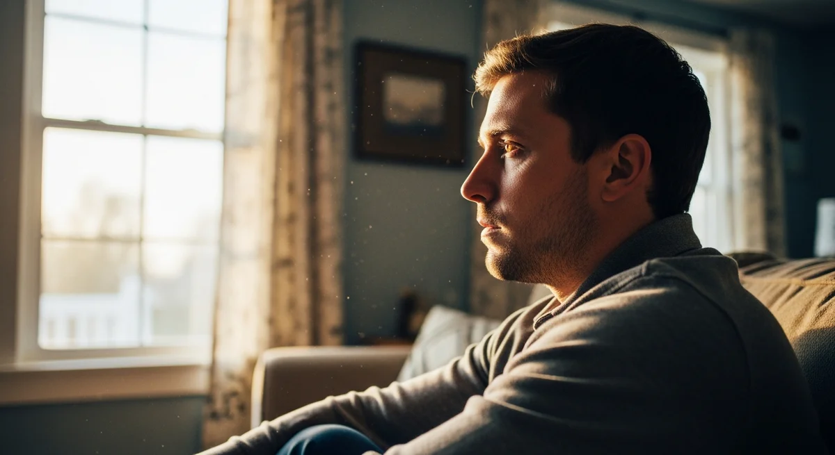Mężczyzna siedzący przy oknie w zamyśleniu - życie z PTSD i refleksja