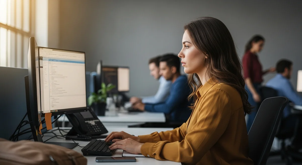 Kobieta przy biurku patrząca obojętnie w monitor, cicha rezygnacja z pracy