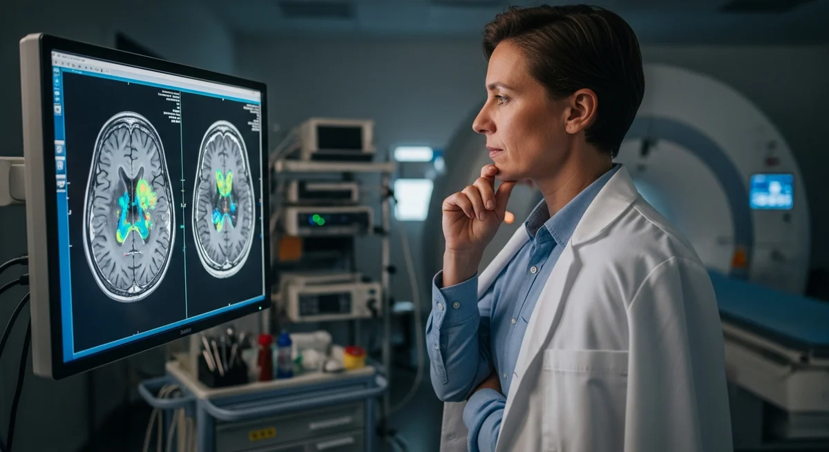 Dwoje specjalistów analizuje diagramy diagnostyczne — transdiagnostyczne podejście w leczeniu schizofrenii.