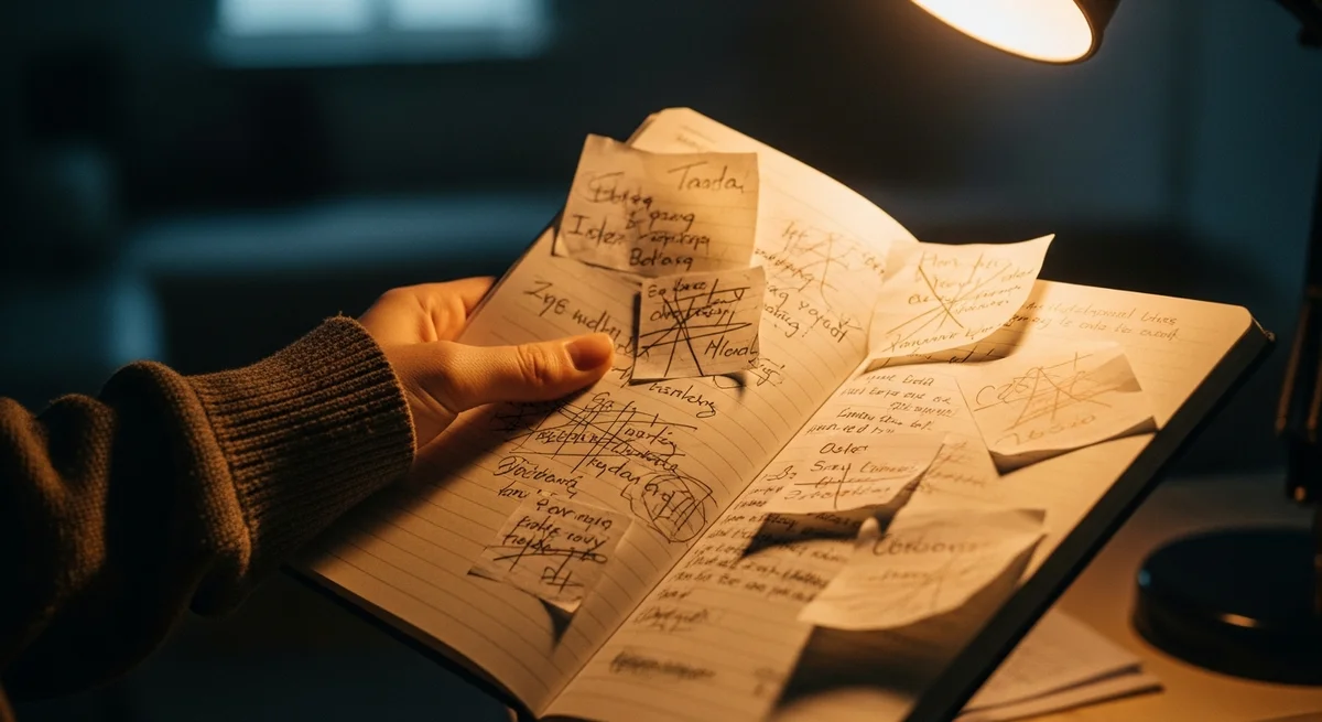 Dłonie trzymające notes z chaotycznymi zapiskami - pierwsze objawy schizofrenii