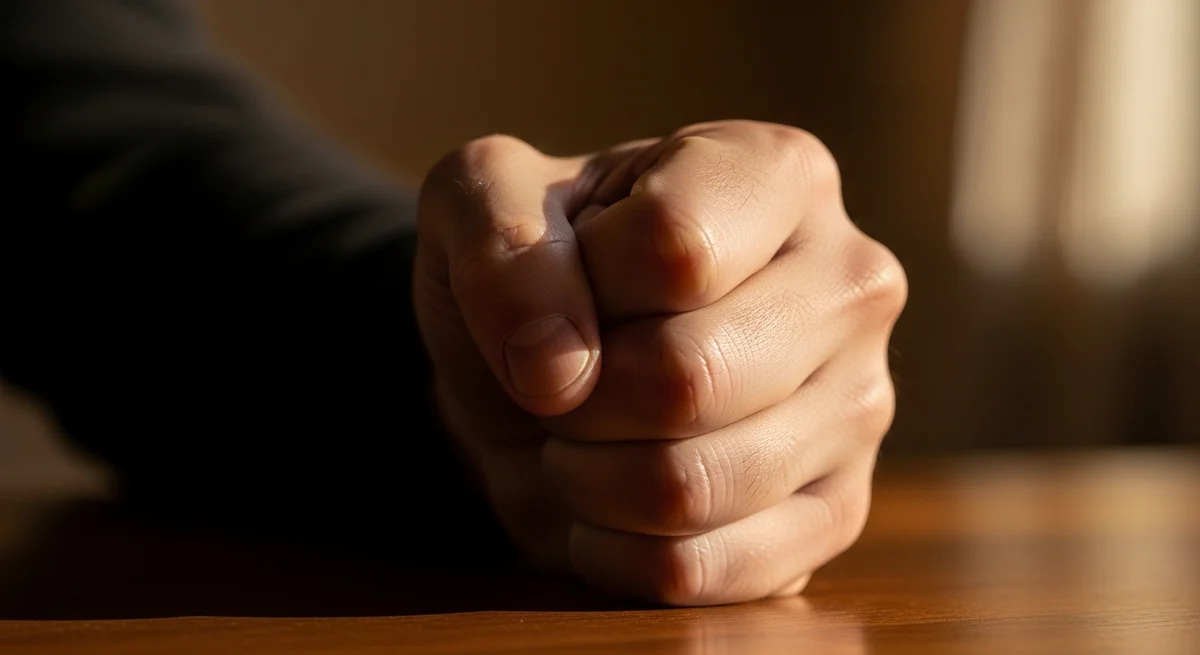 Zaciśnięta pięść mężczyzny na blacie, fizyczny objaw tłumienia emocji