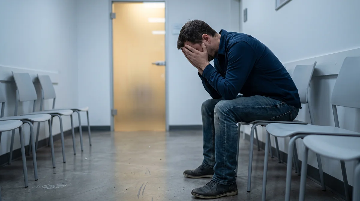 Mężczyzna w poczekalni lekarskiej pochylony z bezradnością, somatyzacja i diagnostyka