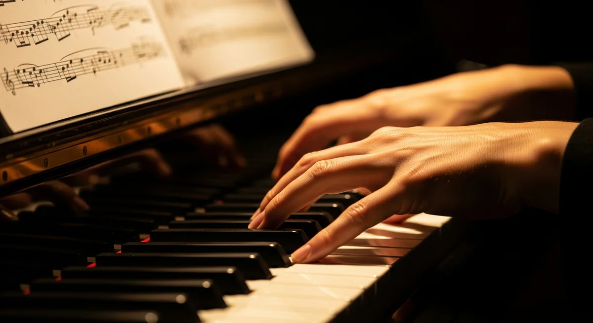 Dłonie pianisty grające płynnie na klawiaturze fortepianu - koncentracja w stanie flow