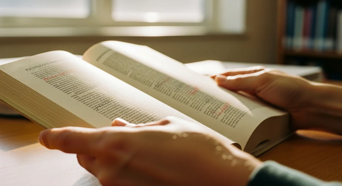 Ręce trzymające publikację naukową o psychologii - badania syndromu sztokholmskiego