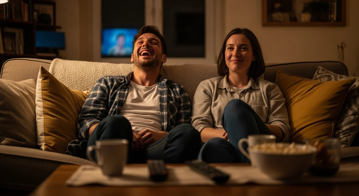 Dwoje przyjaciół ogląda film z różnymi reakcjami emocjonalnymi na tę samą scenę
