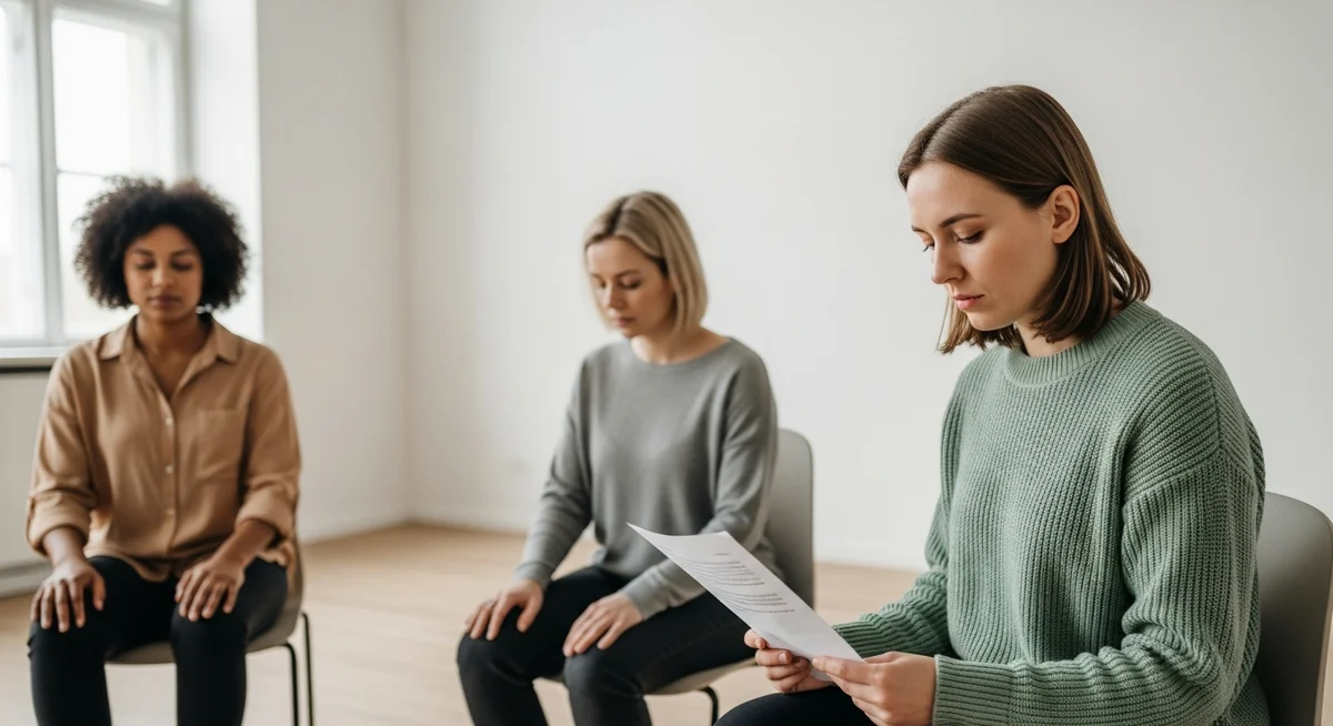 Grupa terapeutyczna ćwiczy techniki DBT w jasnej sali warsztatowej — terapia dialektyczno-behawioralna u osób z autyzmem.
