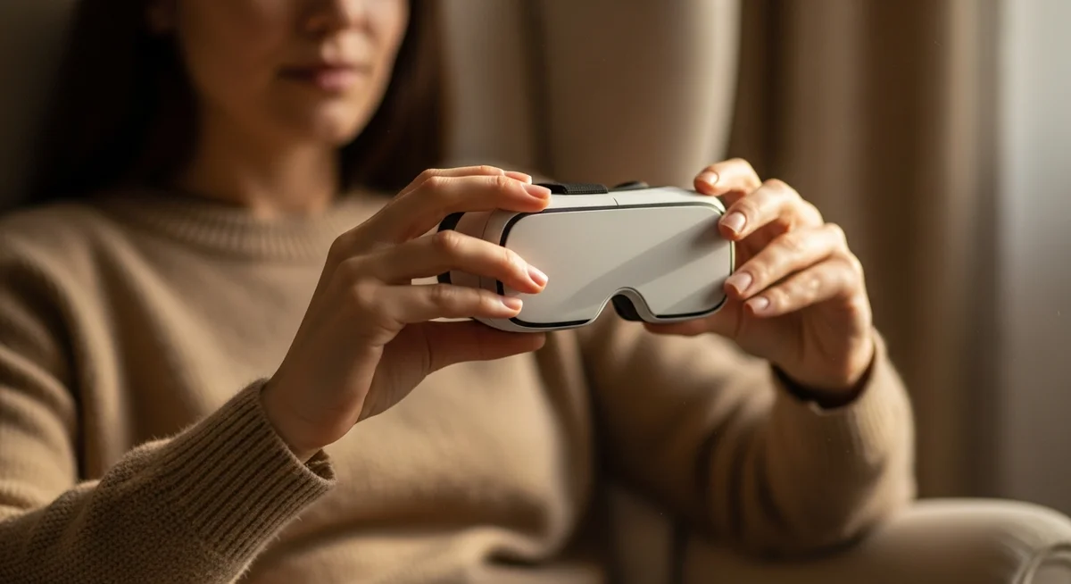 Kobieta trzymająca gogle VR prze terapią ekspozycyjną w wirtualnej rzeczywistości