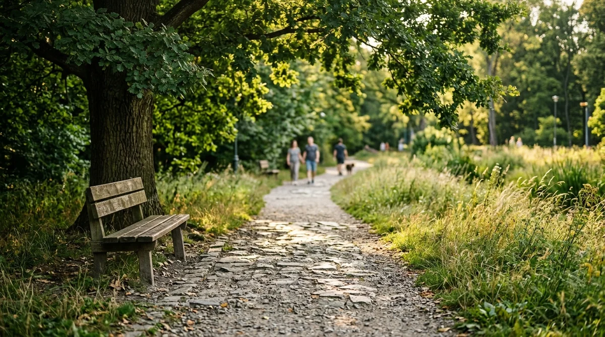 Ścieżka w parku z ławką pod drzewem