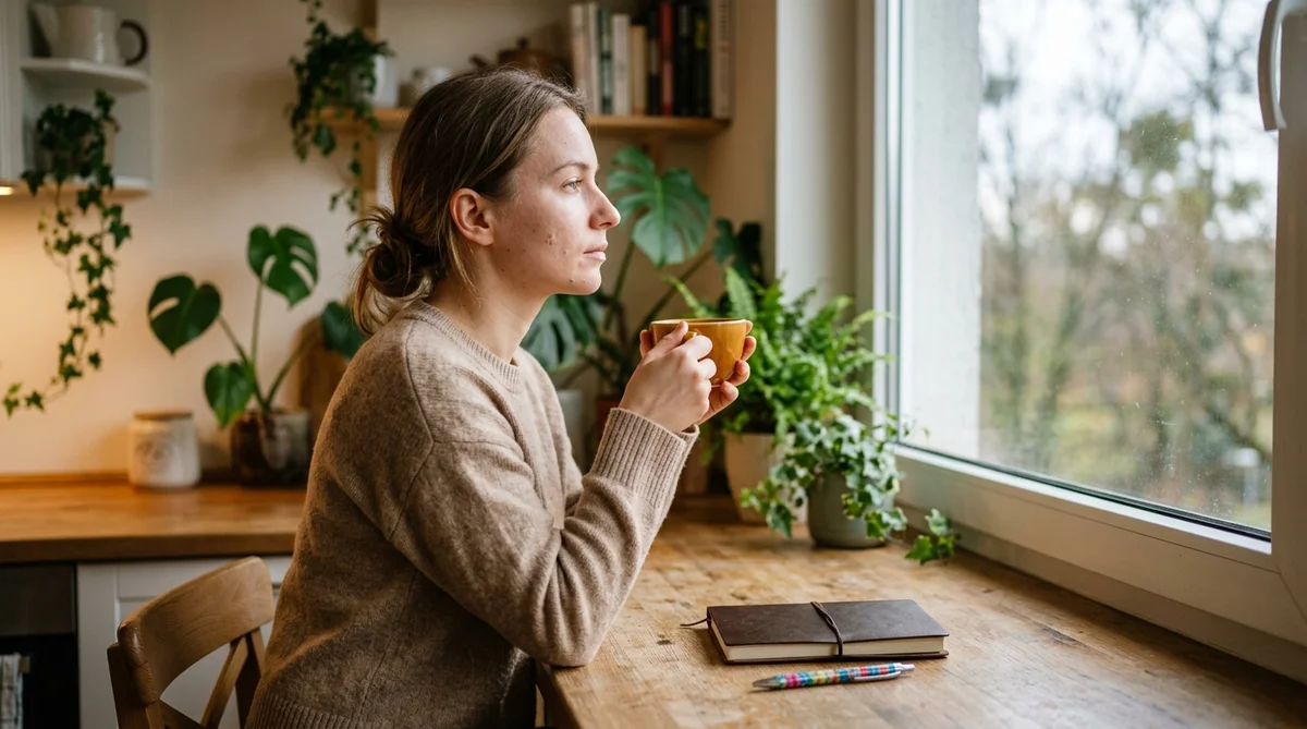 Kobieta z filiżanką herbaty w zadumie przy oknie, terapia poznawczo-behawioralna ADHD