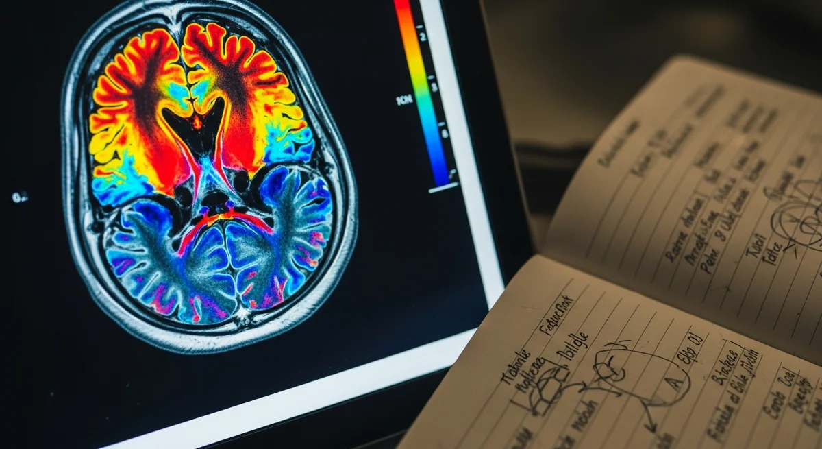 Kolorowy skan mózgu na monitorze pokazujący neurobiologiczne zmiany w terapii