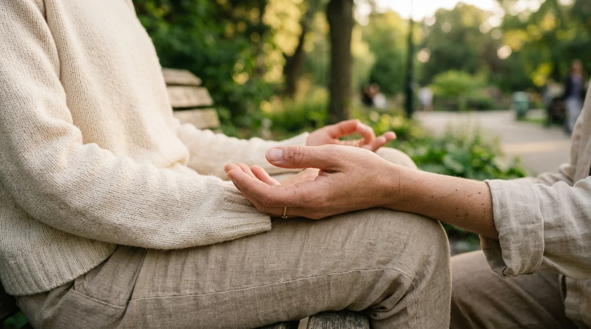 Dłonie kobiety w pozycji medytacyjnej podczas praktyki mindfulness w parku