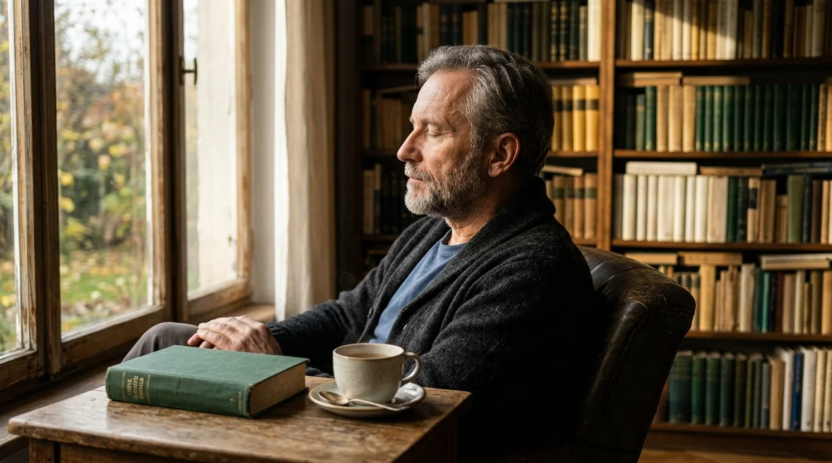 Mężczyzna w średnim wieku medytuje przy oknie - praktyka mindfulness w terapii ACT i MBCT