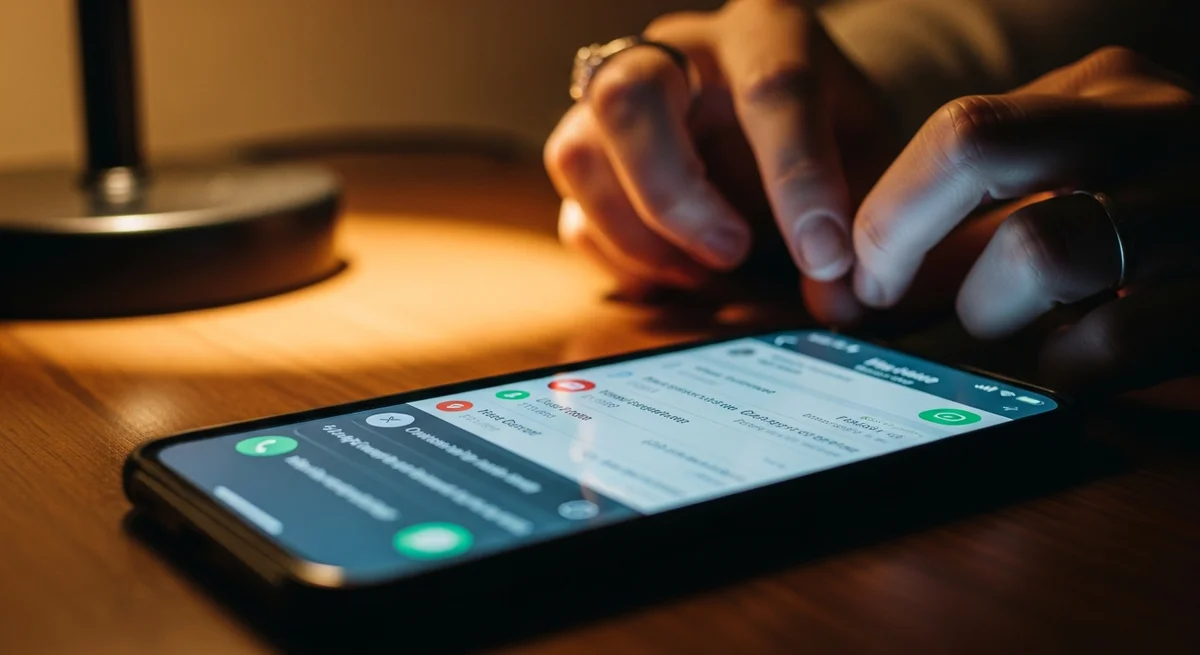 Smartfon z wieloma nieodebranymi połączeniami i kobieca dłoń z obrączką w tle