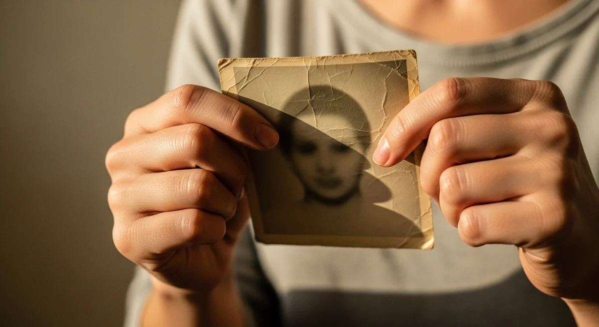 Dłonie kobiety trzymające stare wyblakłe zdjęcie, objawy traumy rozwojowej