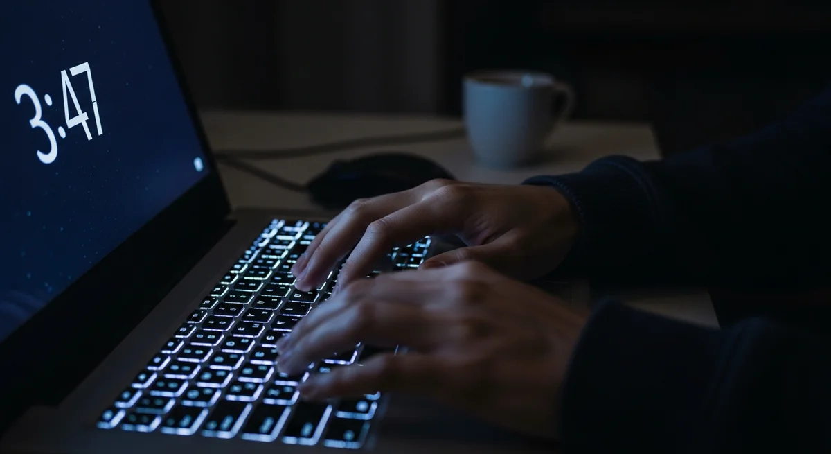 Dłonie na klawiaturze laptopa w nocy, nadmierne korzystanie z internetu