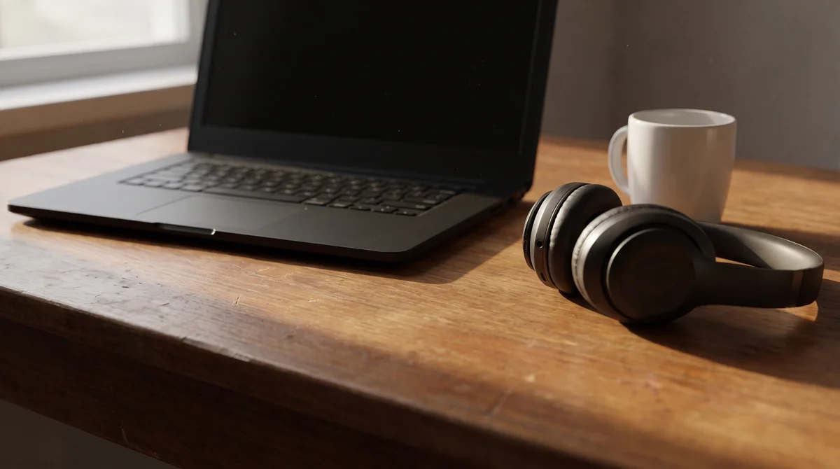 Zamknięty laptop i słuchawki na drewnianym biurku, koniec dnia pracy, work-life balance